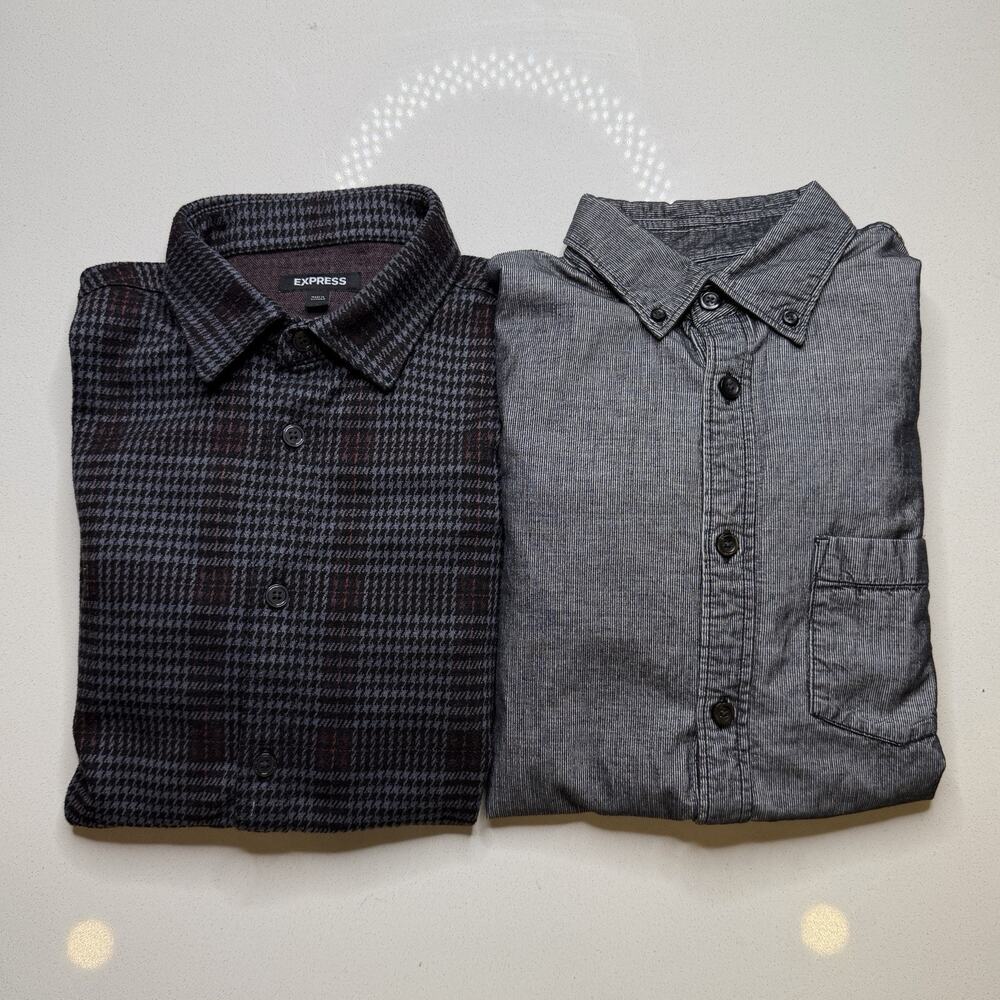 2 Express Shirts Gray Corduroy And Plaid Men’s Size S Button Front Shirt